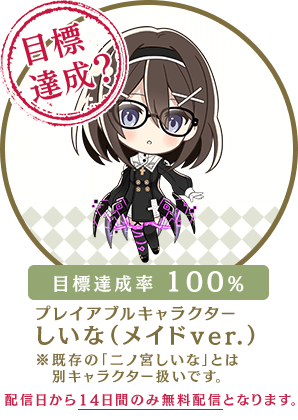 目標予約達成率100%返礼品:プレイアブルキャラクター「しいな（メイドver.）」